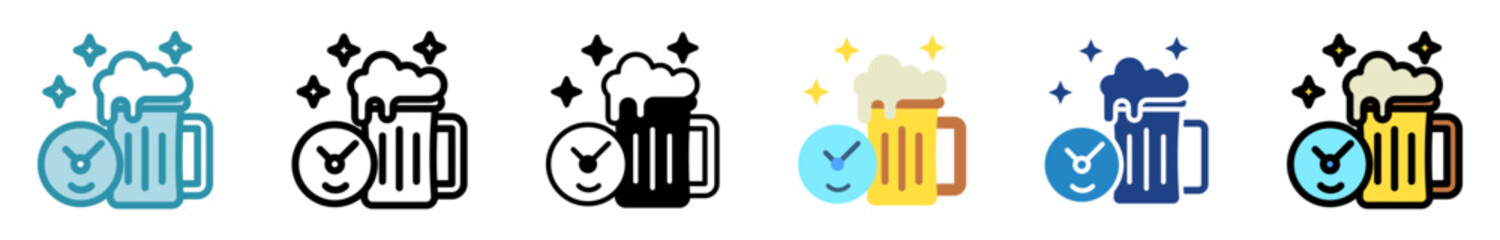 Happy Hour multi style, mini illustration icon set. outline, flat, glyph, line color, dual tone. vector for UI, UX, app, web, digital or print. Related to lifestyle, relaxation, drinks, pub and bar.