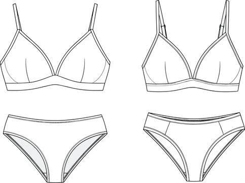 Women&rsquo;s bra and panty set sketch front and side views, seam detail, structured silhouette, underband and leg openings, technical lingerie garment illustration