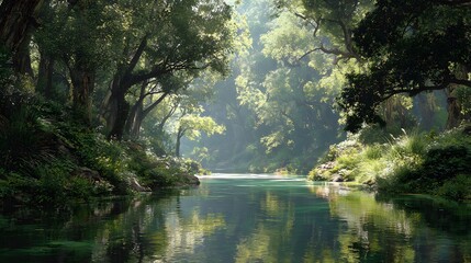 Serene river flowing through lush jungle dense canopy overhead filtering sunlight onto water surface background feature vibrant green of jungle natural reflection of tree river creating tranquil