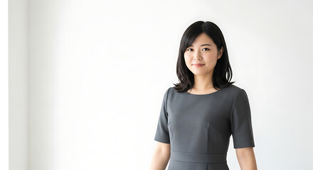 Portrait of a young asian woman with short black hair wearing a gray dress against a white background wall on transparent background