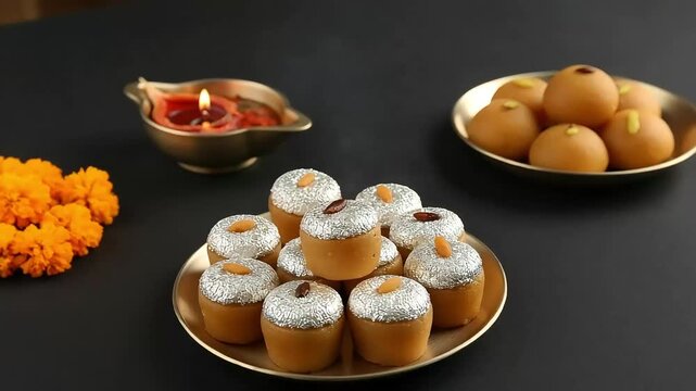 Indian Sweets Arrangement with Candle And Flowers on Golden Plates Against a Dark Background