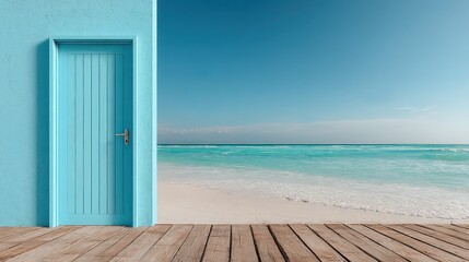Fototapeta premium Summer Serenity Camera Captures a Pastel Blue Door by the Beach Inviting Tranquility and Adventure