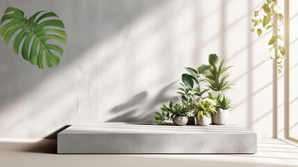 Urban jungle minimalist mockup, light gray cement, rubber plants, geometric display slab, morning light
