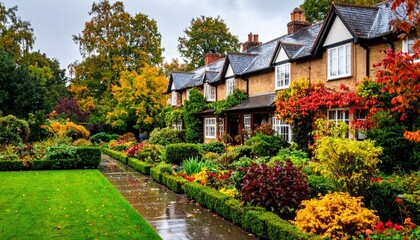 Autumnal row houses with vibrant gardens