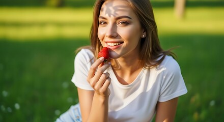 Fototapeta premium Woman Eating a Fresh Strawberry Outdoors