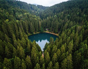 A tranquil alpine lake nestled in a dense evergreen forest. Aerial view