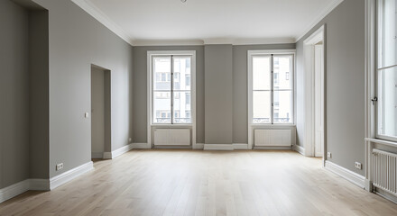 Bright, spacious empty apartment living room with large windows, light-colored walls and hardwood floors, ready for interior design or renovation  