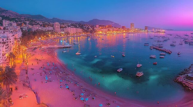 Peaceful glowing beach under night sky with calm waves and soft light Seamless looping 4k time-lapse virtual video animation background. Generated AI
