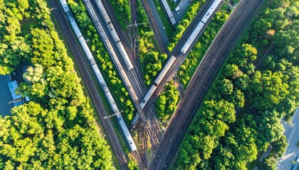 Aerial view of train tracks intersecting through lush greenery