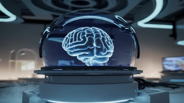 Close-up of a glowing brain enclosed in a transparent dome within a futuristic medical or scientific facility. Perfect for artificial intelligence, neural computing, or sci-fi storytelling.