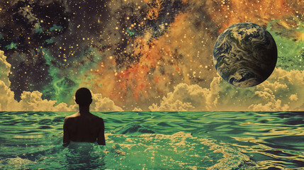 Silhouette of a person standing in calm water looking at a planet Earth suspended in a starry, hazy sky, evoking contemplation, wonder, and the vastness of the universe. Dream scene