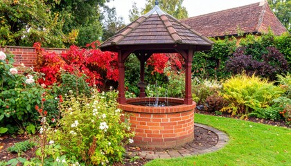 A charming well house surrounded by colorful autumnal gardens