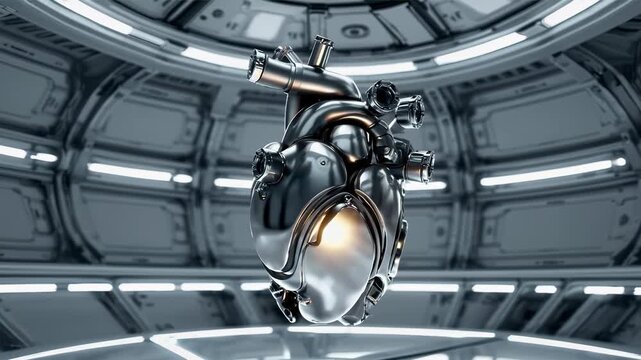 3D animation of a detailed metallic cyber heart rotating in mid-air inside a high-tech futuristic room. Ideal for cyberpunk, medical technology, robotics, or sci-fi user interfaces.