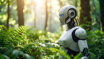 Futuristic robot in a lush forest