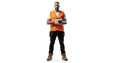 Man in safety vest holding a tablet on a white background looking at the camera with a serious face on transparent background