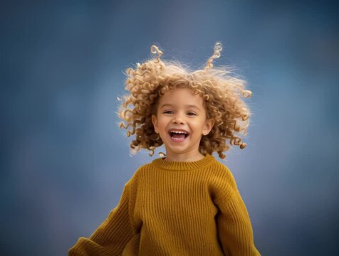 Young girl with curly hair wearing a cozy yellow sweater joyfully jumps in the air against a soft blue background, capturing the essence of childhood happiness and carefree spirit