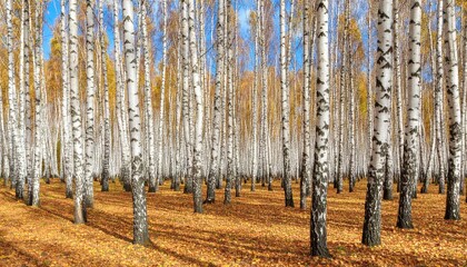 Autumn birch forest under a vibrant blue sky