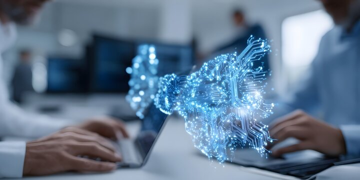 People working on laptops with a blue circuit board hologram in an office environment visible