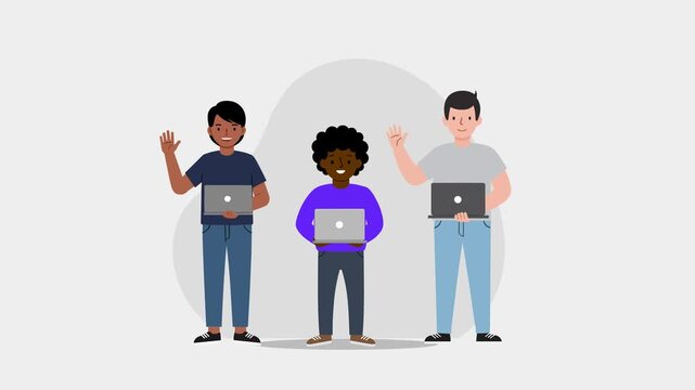 A stylized illustration of three tech professionals from different backgrounds holding laptops. The neutral grey background with soft circular accents highlights the team's friendly and cooperative sp