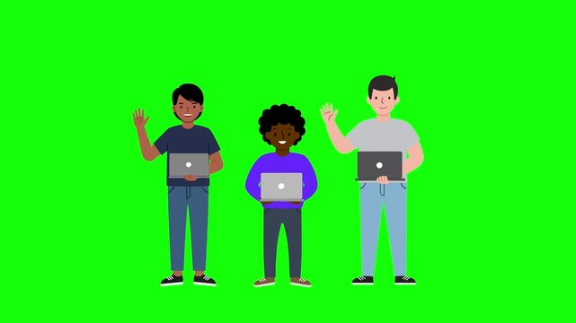Three diverse 2D characters&mdash;two men and one woman&mdash;standing together and holding laptops. Set against a bright green screen for easy integration, they represent a modern, collaborative tech team or rem