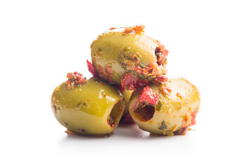 Tapas. Flavored pickled olives isolated on white background.