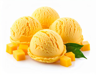 Four scoops of vibrant mango ice cream with fresh fruit cubes and leaves.