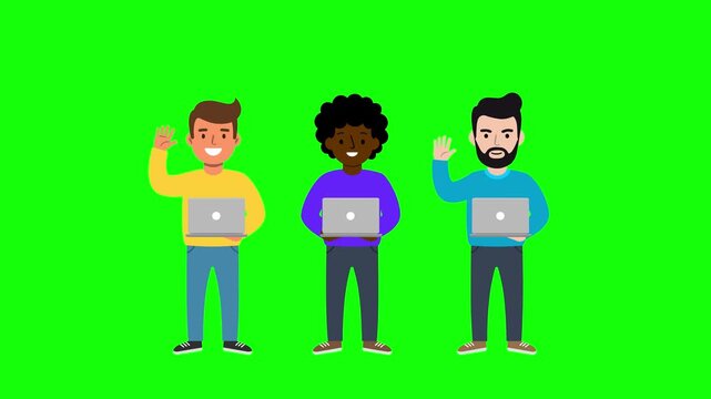 Three diverse 2D characters&mdash;two men and one woman&mdash;standing together and holding laptops. Set against a bright green screen for easy integration, they represent a modern, collaborative tech team or rem