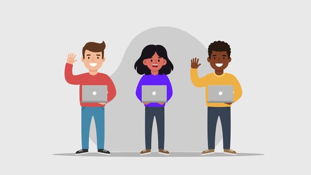 Three animated professionals, including a female character in the center, waving and holding laptops. Flat cartoon style with a gray backdrop, suited for diversity and inclusion messages in explainer 