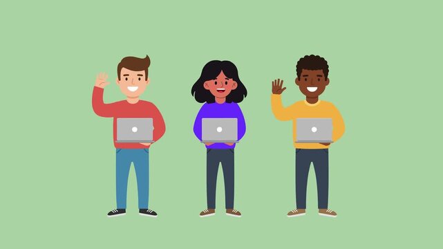 Animated cartoon programmers waving and holding laptops, isolated on green screen background for chroma key use. Ideal for tech explainer videos, YouTube intros, and digital presentations.