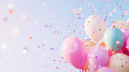 Joyful birthday banner with balloons and confetti evoking a summer celebration atmosphere