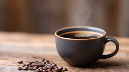 Fototapeta premium Freshly brewed black coffee with rising steam on rustic wooden table