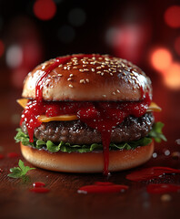 Soczysty hamburger z dużą porcją wołowiny, roztopionym serem i sosem spływającym po bułce. W tle rozmyte, czerwone światła.