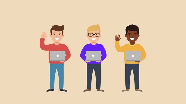 Three cartoon team members, including blonde and brown-haired individuals, waving and holding laptops. Simple vector style with a warm beige backdrop, ideal for HR, onboarding, or diversity-themed pro