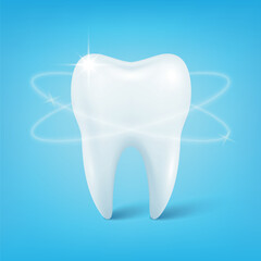 Vector 3d Realistic Tooth on Blue Background. Healthy White Tooth with Glowing Light Effect for Dental Clinic. Banner with Tooth for Dentistry, Tooth Care Concept, Oral Hygiene, Dentist Clinic Design