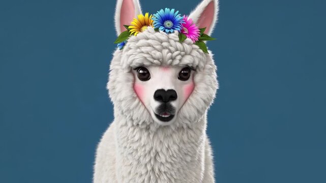 3D animated llama character with fluffy white fur and big eyes, speaking with lively lip-sync and smiling expression. Wears a colorful flower crown and appears against a blue background. Ideal for edu
