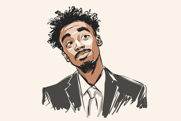 African American man in formal attire looking upward with curiosity  
