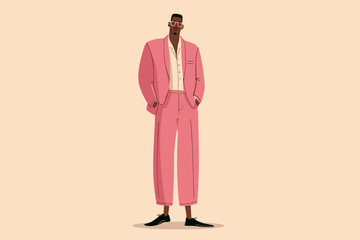 Stylish African American man wearing a pink suit on a beige background  