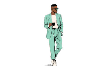 Stylish African American man walking while holding a coffee cup in mint suit  
