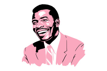 Smiling African American man in pink suit with joyful expression  