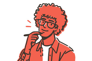 Young African American man smiling and thinking while holding a pencil - Concept of Hand drawn flat vector illustration of an African American man  