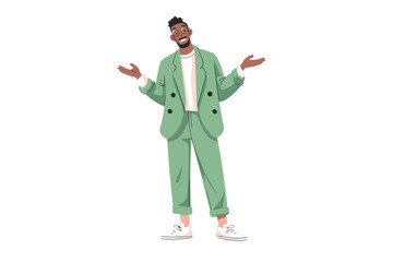 African American man smiling with arms open in stylish green suit  