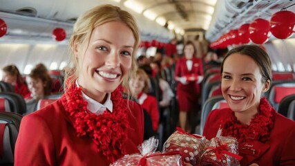 Two smiling flight attendants in red uniforms celebrate the holiday season on an airplane. They hold gift packages and wear festive decorations. - Powered by Adobe