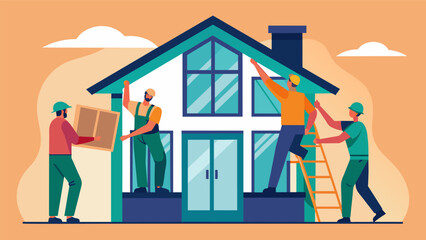 A group of carpenters work together to lift and install a large window on the second story of the house.. Vector illustration
