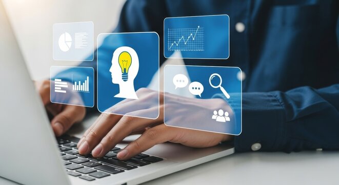 A person uses a laptop with various digital icons representing data analysis, ideas, and communication