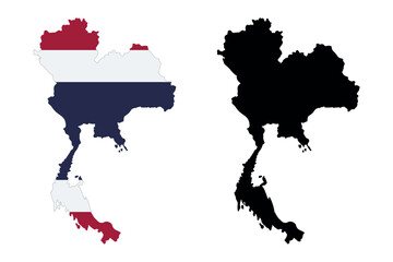 Map of thailand filled with its national flag and a black silhouette outline
