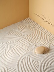 Zen garden sand art with stone and branch for meditation and mindfulness practice