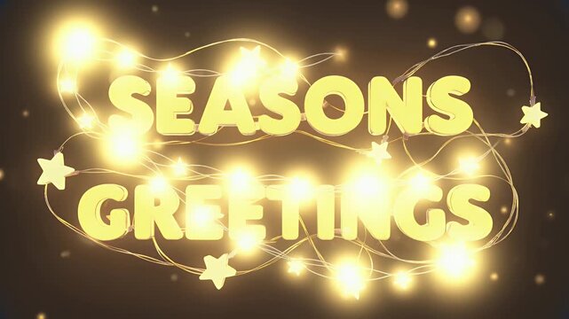Illuminated "Seasons Greetings" text with string lights and stars on dark background.
