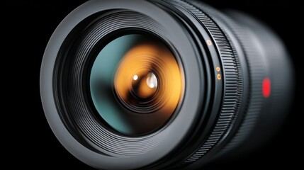 Close up of a camera lens with a yellow light shining through it