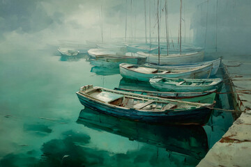 Moody fishing harbor with boats and coastal village in soft light