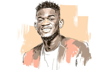 Smiling African American man in casual attire with hand-drawn illustration  